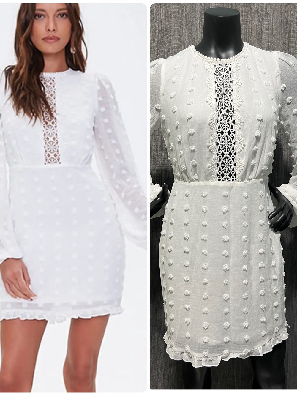 NWT White Tufted Swiss Dot Lace-Trim Ruffle Hem Long Sleeve Mini Dress S